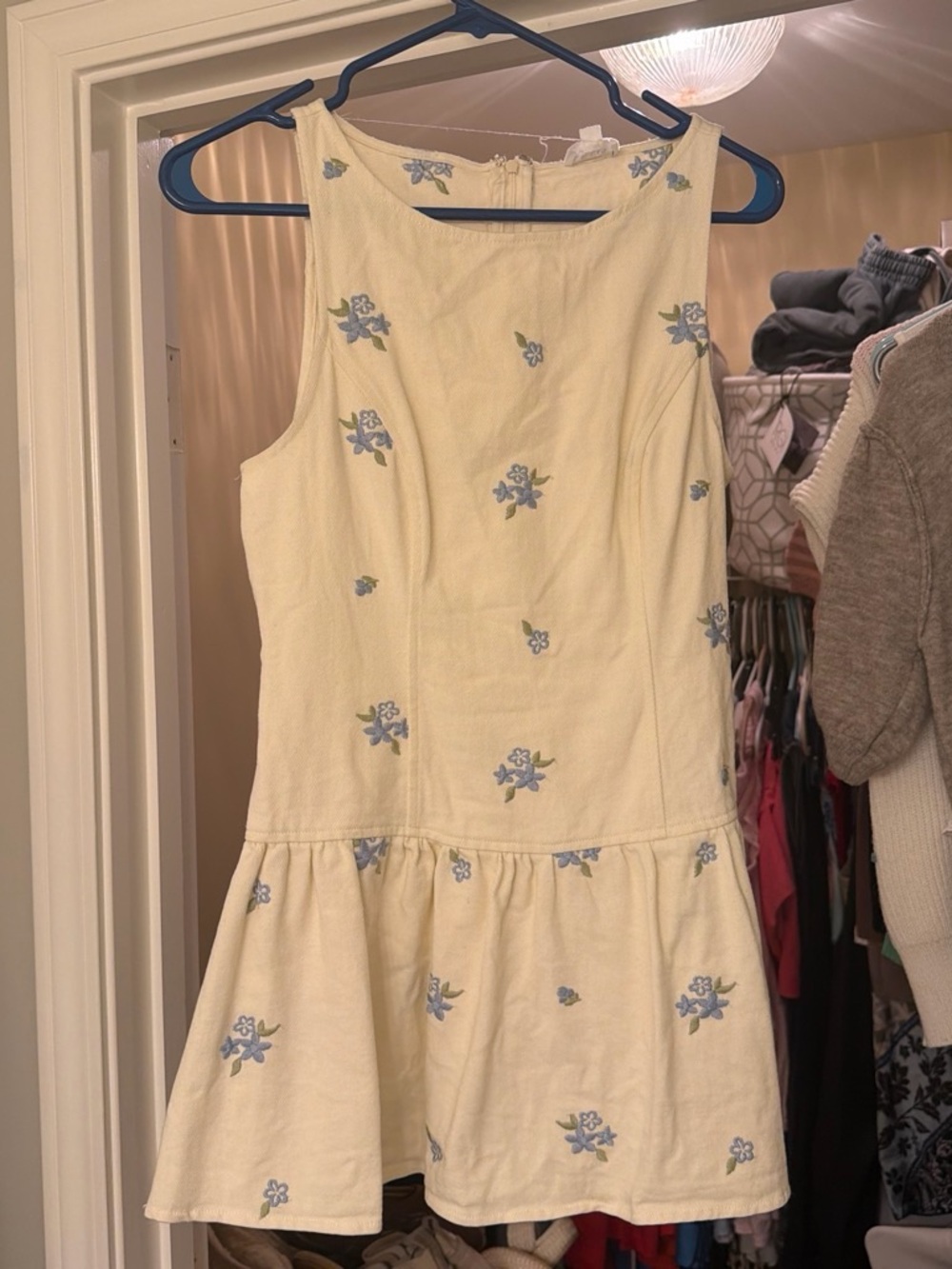 Altar'd State Cream Mini Dress with Light Blue Floral Embroidery